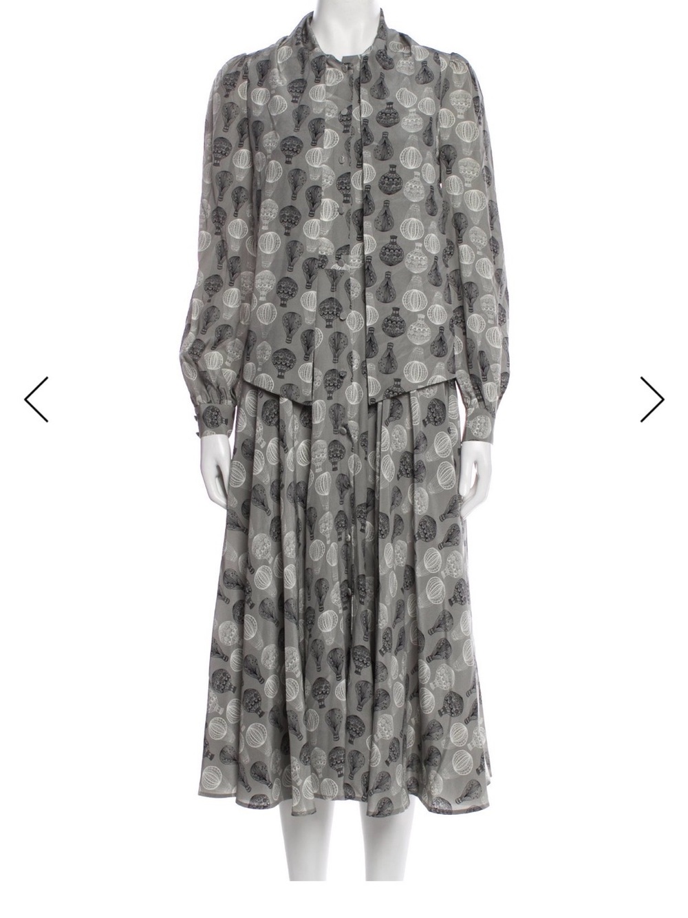 Printed Grey Long-Sleeve Midi Dress with Ruffle Neck